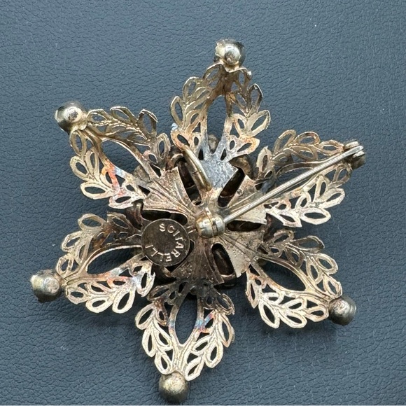 Vintage 1940 Signed Scitarelli Ruby Rhinestone Filigree Snowflake Pendant Brooch - Picture 6 of 13